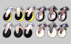 Industrial casters with different type wheels from Nylon-6, Urethane wheels, rubber casters, plyurethane casters, to swivel casters